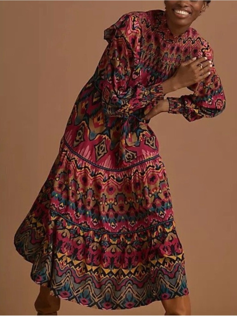 Bohemian Magenta Pink Printed Smocked Maxi Dress